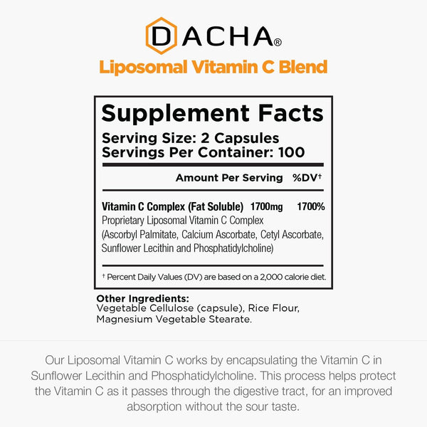 DACHA Natural Liposomal Vitamin C - 1700Mg, 200 Capsules, Immune System & Collagen Booster, High Absorption Fat Soluble VIT C, Buffered, Skin