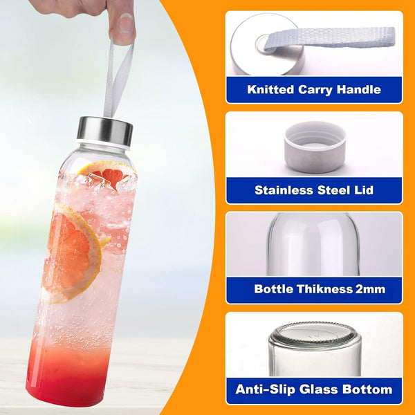 3 Packs Glass Water Bottles with Lid, Clear, 17oz | Reusable Juice Bottle with Stainless Steel Cap, Glass Cup Liquid Storage Containers for