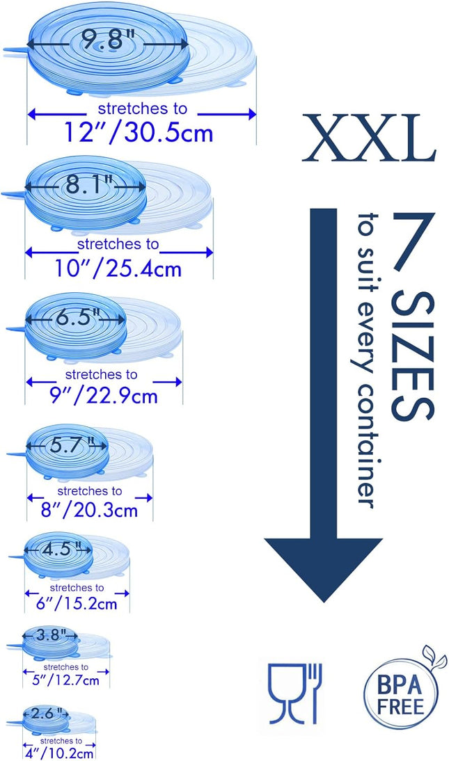 Silicone Stretch Lids 14 Pack Include 2Pcs Size up to 9.8'' Diameter,Reusable Durable Food Storage Covers for Bowl,7 Dif