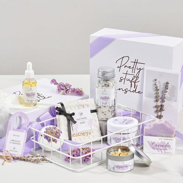Gifts for Women Spa Lavender Bath Gift Baskets Mothers Day Gifts Relaxing Self Care Gift for Mom Her Sister Wife Auntie Home Bath Kit Care Package