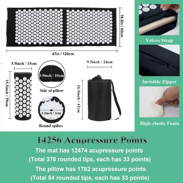Xiaomage Acupressure Mat and Pillow Set with Bag - Extra Long Acupuncture Mat for Neck & Back Pain Relief- Naturally Relaxation Gift for Women -