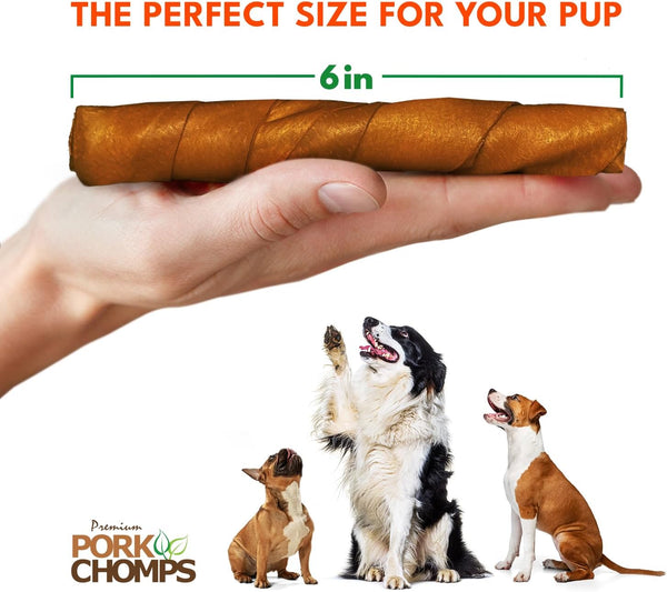 Pork Chomps Roasted Pork Skin Dog Chews, 6 Inch Twists, 15 Count - Long-Lasting Treats for Dogs - High Protein, Rawhide-Free, Low Fat, Healthy &