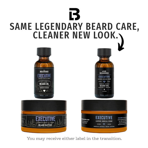 Live Bearded Beard Oil and Butter Grooming Kit - Made in the USA - All-Natural Ingredients with Shea, Argan, Jojoba - Growth Support | Executive