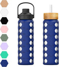MUKOKO 24Oz Glass Water Bottle with 2 Lids-Handle Flip Lid&Bamboo Straw Lid,Motivational Water Tumbler with Time Marker Reminder and Silicone