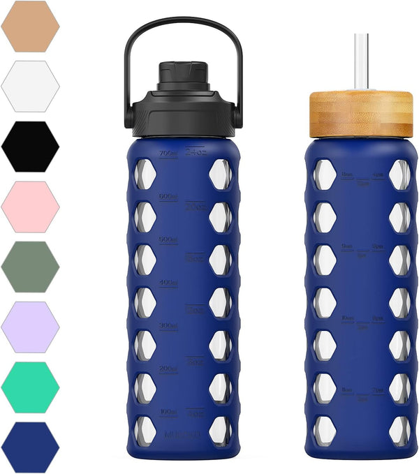 MUKOKO 24Oz Glass Water Bottle with 2 Lids-Handle Flip Lid&Bamboo Straw Lid,Motivational Water Tumbler with Time Marker Reminder and Silicone