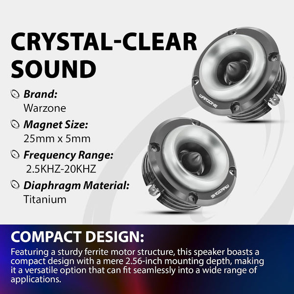 Warzone 2X WZ20TW 2.88-Inch Super Tweeter Speaker, 4 Ohm, 1000W Total Max Power, 105dB Sensitivity, Titanium Diaphragm, CCAW Voice Coil for Pro