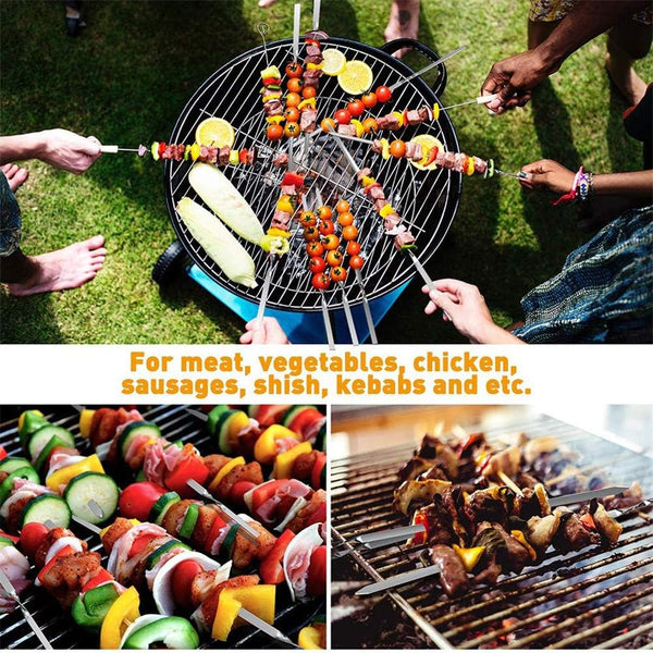 12PCS Kabob Skewers Flat Metal BBQ Barbecue Skewer 14" Long Stainless Steel Shish Kebob Sticks Wide Reusable Grilling Skewers Set for Meat Shrimp