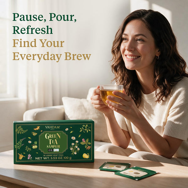 VAHDAM Green Tea Loose Leaf Sampler|10 Premium Teas in a Gift Box(50+ Cups) Green Tea Sampler - 10 Teas 10 Count (Pack of 1)