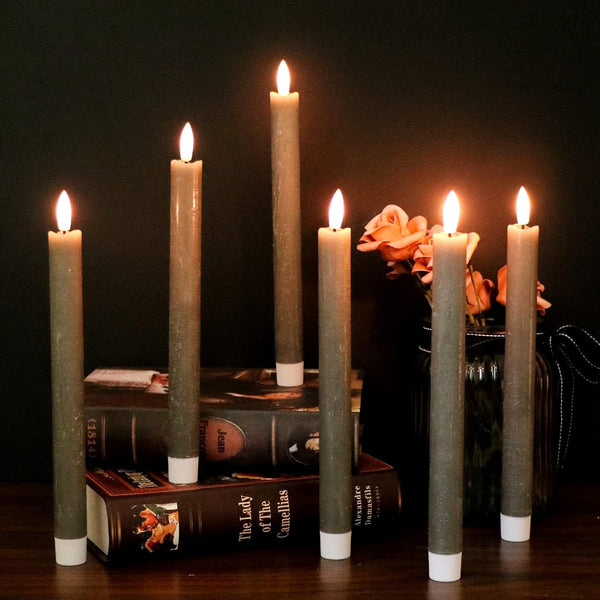 GenSwin Flameless Grey Taper Candles Flickering with 10-Key Remote, Battery Operated Led Warm 3D Wick Light Window Candles Real Wax Pack of 6,