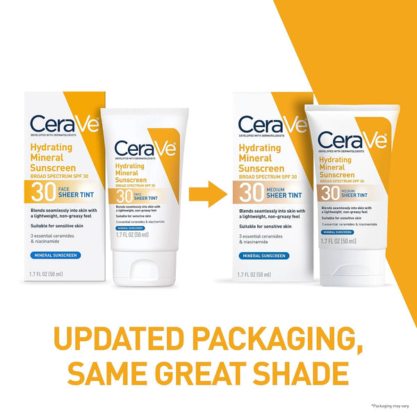 CeraVe Hydrating Mineral Sunscreen SPF 30 with Sheer Tint, Tinted Mineral Sunscreen with Zinc Oxide & Titanium Dioxide, Blends Seamlessly For
