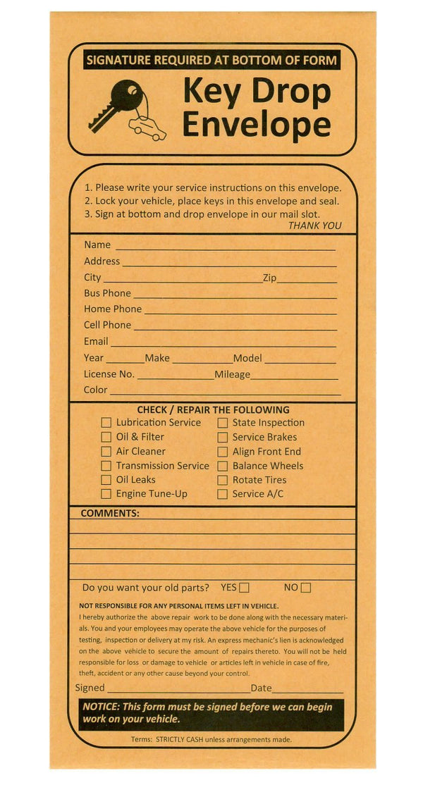 100 Night Drop Key Envelopes - Auto Repair Shops and Mechanics Gummed