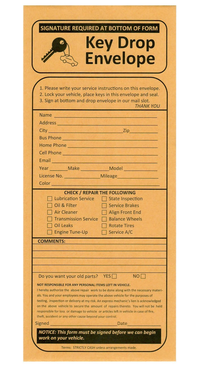 100 Night Drop Key Envelopes - Auto Repair Shops and Mechanics Gummed