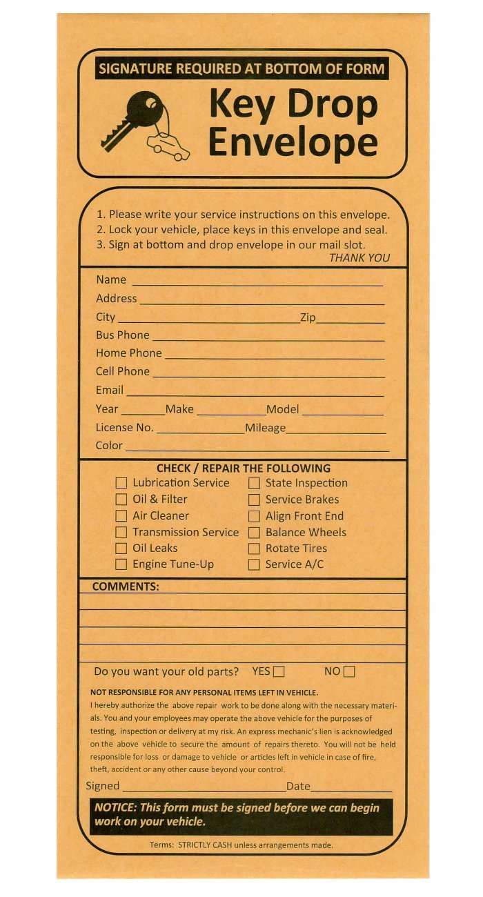 100 Night Drop Key Envelopes - Auto Repair Shops and Mechanics Gummed