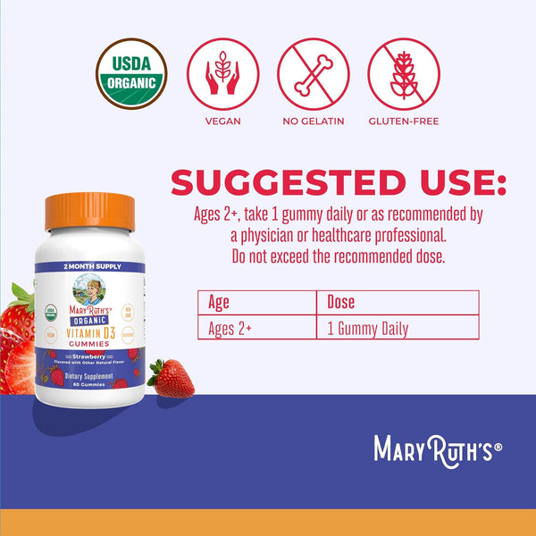 Maryruth'S Organic Vitamin D3 Gummies | 1000 IU | USDA Organic | Immune Support| Bone Health | Muscle Function | for Adults & Kids Ages 2+ | Vegan