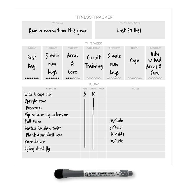 Dry Erase Whiteboard Fitness Tracker | Removeable and Restickable Adhesive Decal | Fine-Tip Magnetic Marker Included | 1