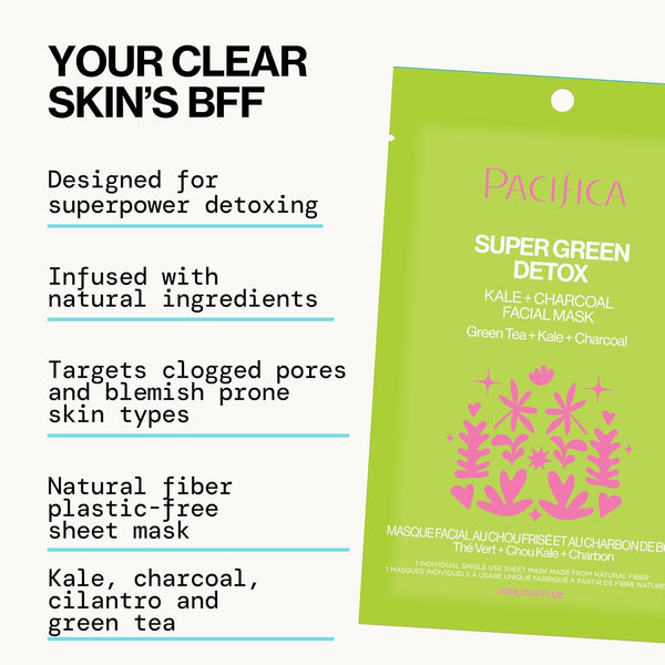 Pacifica Super Green Detox Sheet Mask Ã¢ÂÂ Charcoal, Kale & Clay Pore Cleansing Mask for Oily, Blemish-Prone Skin, Deep Detox Facial Mask, Vegan