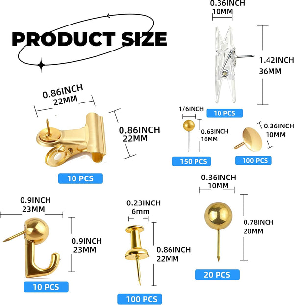 400 Pcs Gold Push Pins Set,7 Styles Push pins, Pin Tacks,Decorative Thumb Tacks for Cork Board,Bulletin Boards Home Office Accessories