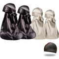 4PCS Silky Durags for Men Women 360 Waves with 1 Wave Cap, Silky Satin Durag Extra Long Tails Black Black White White