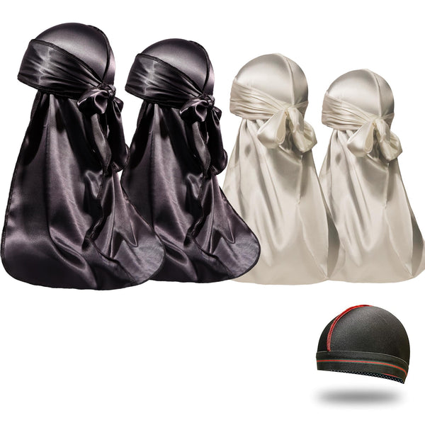 4PCS Silky Durags for Men Women 360 Waves with 1 Wave Cap, Silky Satin Durag Extra Long Tails Black Black White White