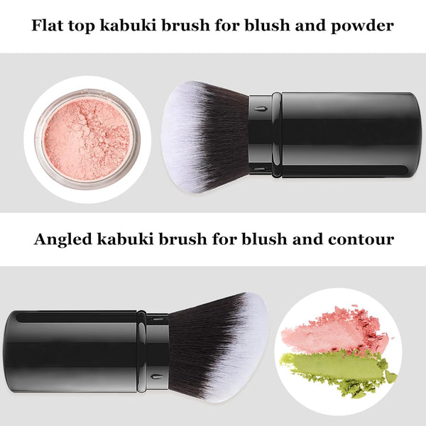 Falliny Retractable Makeup Brush, 2 Pack Travel Kabuki Face Blush Brush, Portable Powder Foundation Sunscreen Brush with Cover for Blush, Bronzer,
