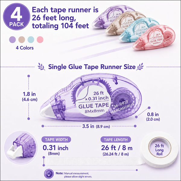 Glue Tape for Scrapbooking, Scrapbook Tape 4 Pcs, Double Sided Tape Roller for Crafts, 26 Ft x 0.31 In Tape Runner, Junk Journal Supplies,