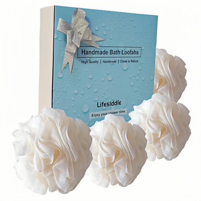 Loofah-Bath Sponge Set-Large, 4 Pack Bath Scrubbers, Soft Mesh White Puff-Cleansing Body Scrub for Men and Women: Skin S