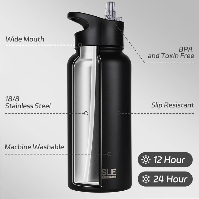 HASLE OUTFITTERS 32 Oz Insulated Water Bottle Stainless Steel Double Walled Vacuum Sports Water Bottle with 2 Lids (Stra