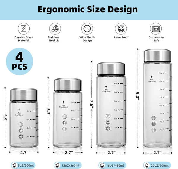 Glass Juice Bottles 4 Pack 16 Oz - Wide Mouth Glass Water Bottles with Lids - Borosilicate,Stainless Steel Lids for Juicing, Smoothies, Infused