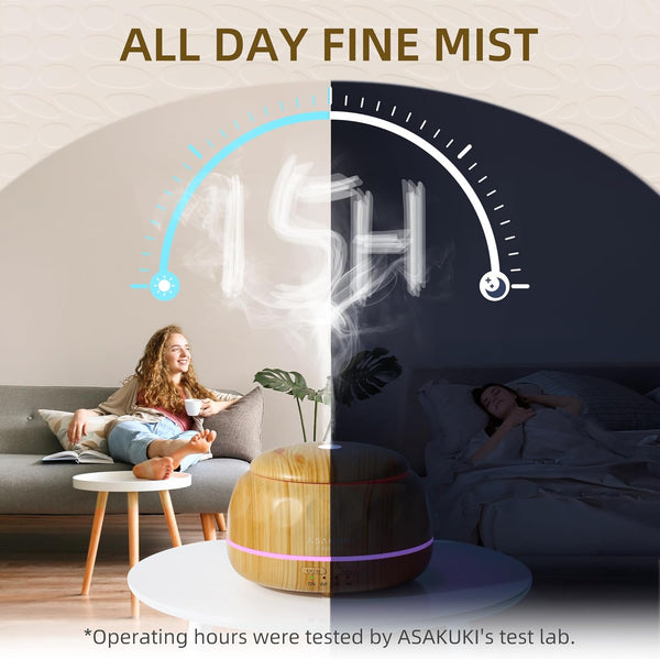 ASAKUKI Essential Oil Diffuser, 300ML Aromatherapy Humidifier with 7-Color Light, Small Home Diffuser with Remote Control for Relaxation -Light Wood