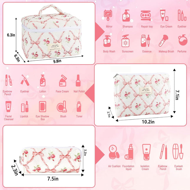 3Pcs Cotton Quilted Makeup Bag for Women Girls Large Small Travel Floral Cosmetic Bags Set Cute Coquette Pink Makeup Pou