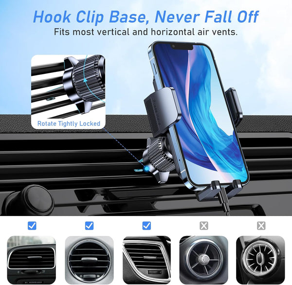 Car Phone Holder Mount, Super Stable Air Vent Cell Phone Car Mount with 2025 Metal Hook Clip, 360Â° Rotation,One Button Release for Iphone,