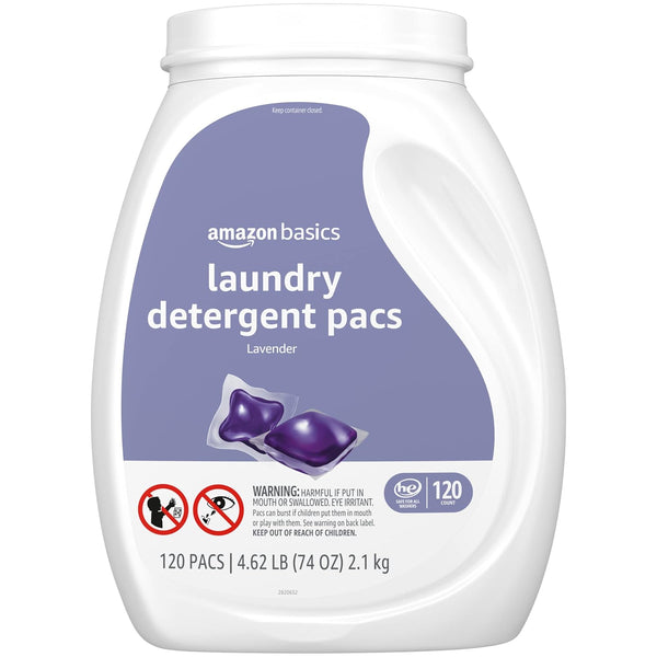 Amazon Basics Laundry Detergent Pacs, Lavender Scent, HE Compatible, 120 Count Lavender 120 Count (Pack of 1)