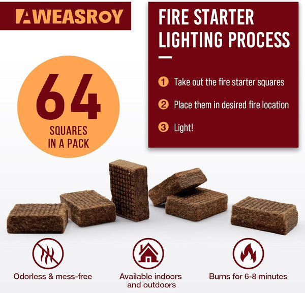 Fire Starter Squares 64 - Fire Starters for Fireplace,Chimney,BBQ Grill,Camping Fire,Wood Stove - Water Resistant and Safe Odourless - Camping
