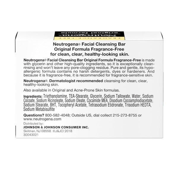 Neutrogena Original Fragrance-Free Facial Cleansing Bar with Glycerin, Pure & Transparent Gentle Face Wash Bar Soap, Free of Harsh Detergents,