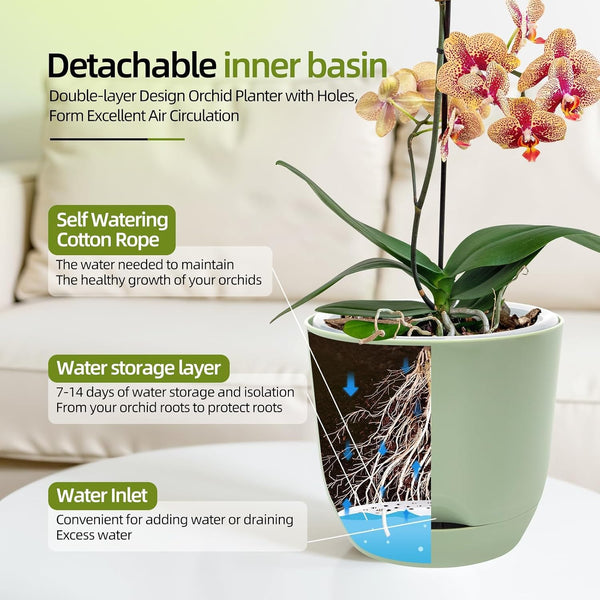 QCQHDU 2 Pack 5.7 Inch Orchid Pots with Holes for Repotting, Double-Layer and Self Watering Orchid Pot with Good Air Circulation Green 2packs 5.7IN