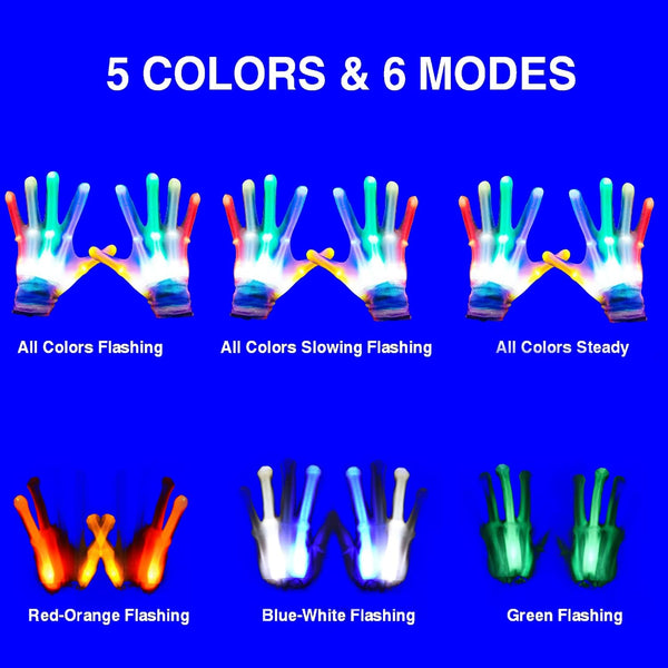 LED Gloves for Kids, Teens & Adults - Finger Light Gloves with 5 Colors/6 Modes - Perfect for 9-12 Year Old Boys & Girls - Ideal for Halloween &