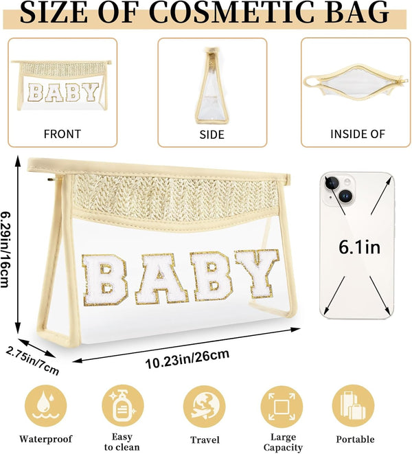 Small Boho Straw Clear Baby Makeup Bags for Women&Girls, Zipper Cosmetic Bag Chenille Varsity Letter Patch Bag, Preppy Cute Toiletry Pouch, Trendy