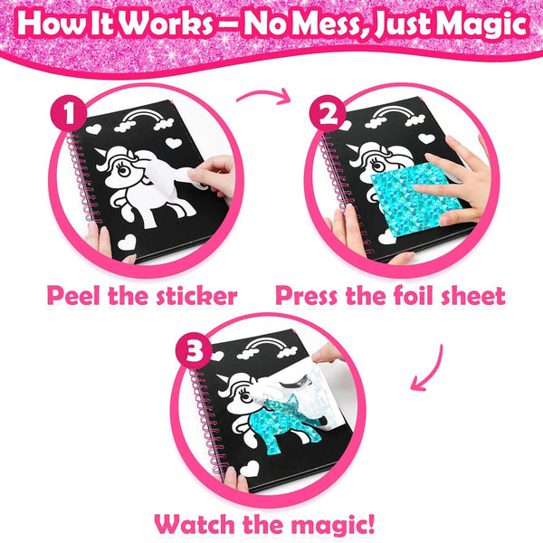 FUNNYB&G Foil Art Craft Kit for Girls 4-10 Years Old: Mess-Free & No-Glue, Create 16 Sparkly Princess Unicorn Pictures – Perfect Travel Toy &