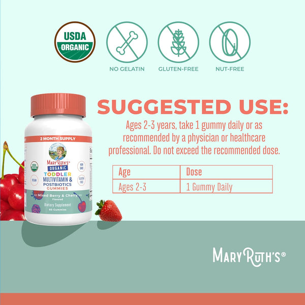 Maryruth Organics Toddler Multivitamin Gummies + Postbiotics | USDA Organic | Vitamins for Kids Ages 2+ | Immune Support | Vitamin C | Vitamin D3