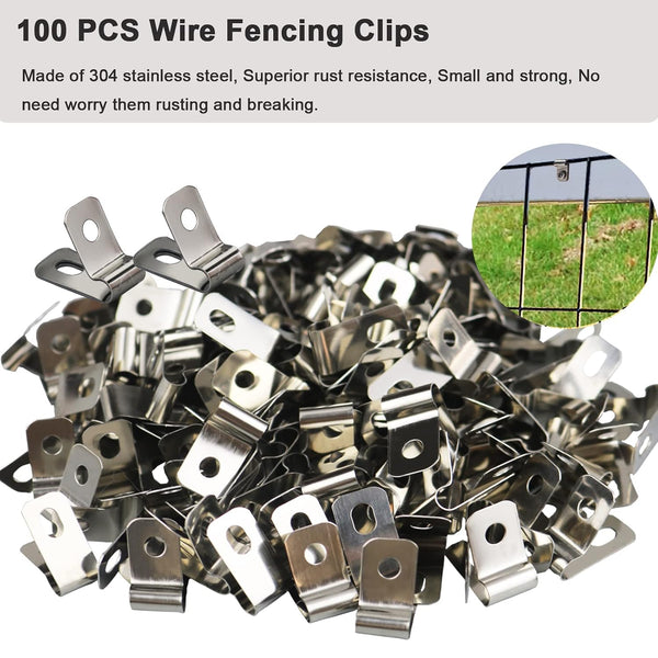 100 Pcs Fence Wire Clamps, Stainless Steel Wire Clips Mount Welded Wire to Vinyl, Wood or Metal Fence (for 12-16 Gauge Wire Fencing) 100 Pcs Clamps