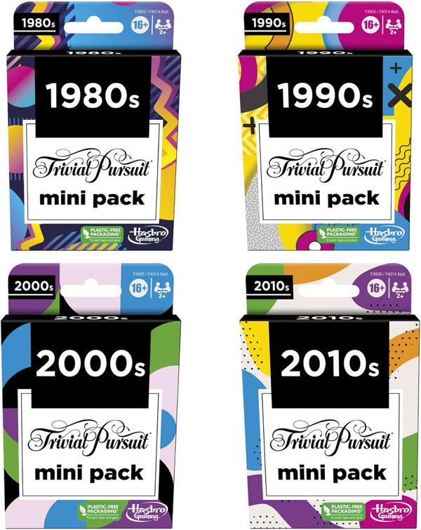 Hasbro Games Trivial Pursuit Mini Packs Multipack, Fun Trivia Questions for Adults and Teens Ages 16+, Includes 4 Game Featuring 4 Decades