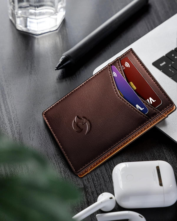 Magnetic Closure Slim Wallet for Men with Money Clip Gift Boxed,Genuine Leather Front Pocket Wallet, 3.9"X 2.7", RFID Blocking
