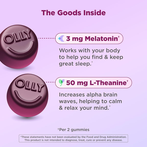 OLLY Sleep Gummy, 3 Mg Melatonin, L-Theanine, Chamomile, Lemon Balm, Sleep Aid, Blackberry, 50 Count