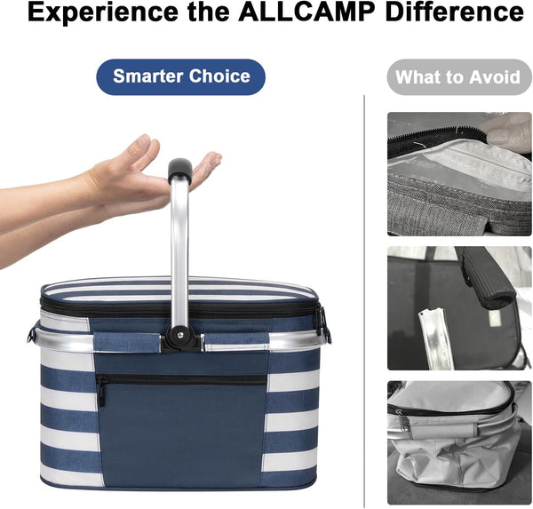 ALLCAMP Picnic Basket - Insulated Cooler, Thickening Foldable Picnic Basket with Removable Baskets & Sewn-in Frame, Basket for House Warming Gifts