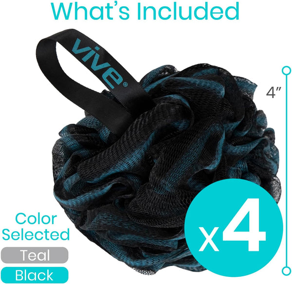 Vive Loofah Sponge Replacement (4 Pk) Shower & Bath Pouf Scrubber for Back & Body Exfoliation, Works with Vive Interchangeable Loofa Handle Long