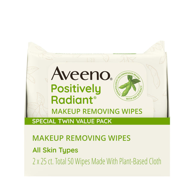 Aveeno Positively Radiant Oil-Free Makeup Removing Face Wipes to Help Even Skin Tone and Texture with Moisture-Rich Soy 