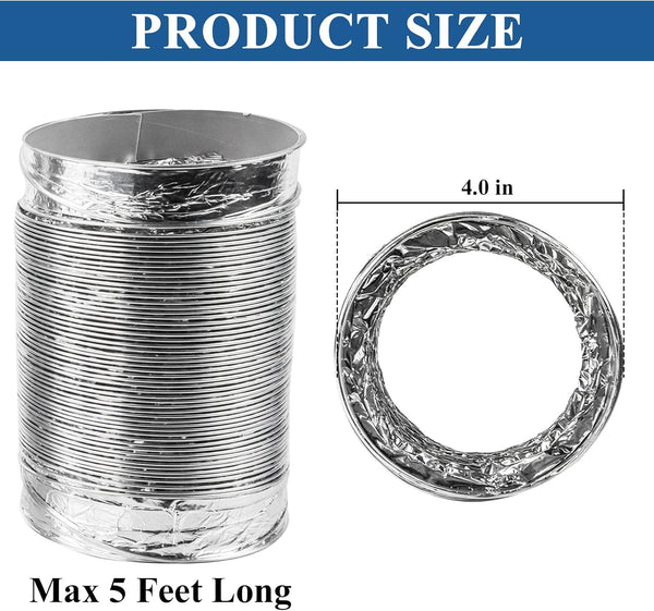 Funmit Dryer Vent Hose Kit - 4 In Diameter by 5 Ft Length - with 2 Stainless Steel Worm Clamp - Flexible Universal Aluminum Foil Non-Insulated -