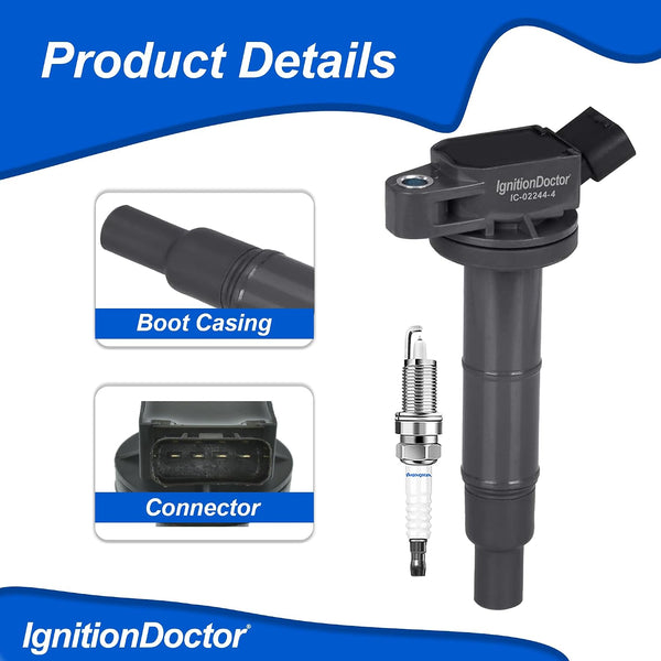 QDVX Ignition Coil and Spark Plugs - Pack of 4 - UF333 Compatible with 2.4L 02-11 Toyota Camry, 01-08 Rav4, 02-06 Solara, 01-07 Highlander, 09-10
