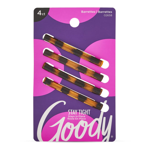 Goody Stay Tight Hair Barrettes, 4 Ct, Mock Tort, SlideProof Flat Clips, Comfortable & Versatile Styling Accessories for Women, Men, Boys & Girls,