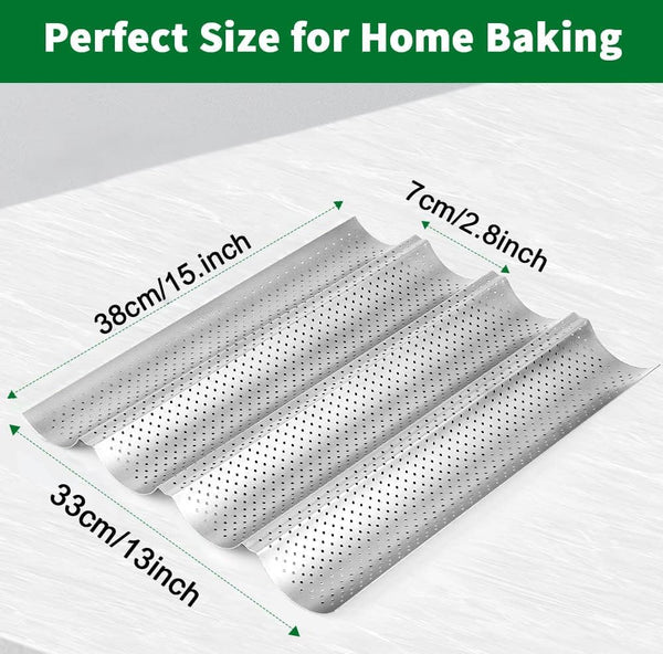 AMAGABELI GARDEN & HOME 2 Pack Baguette Bread Pan 15" x 13" Nonstick Perforated Baguette Tray French Bread Baking 4 Wave Loaf Bake Mold Toast